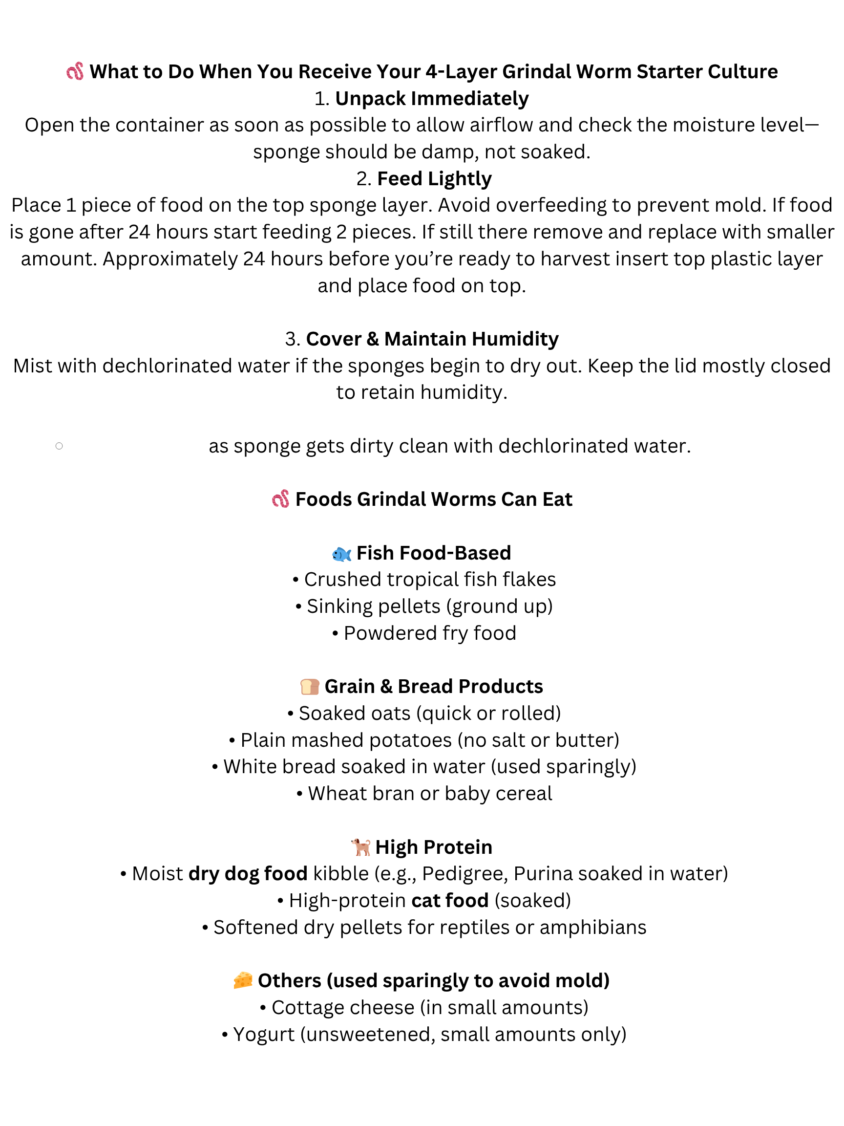 Instruction guide for 4-layer Grindal worm starter culture showing setup, feeding, humidity tips, and list of foods Grindal worms can eat.