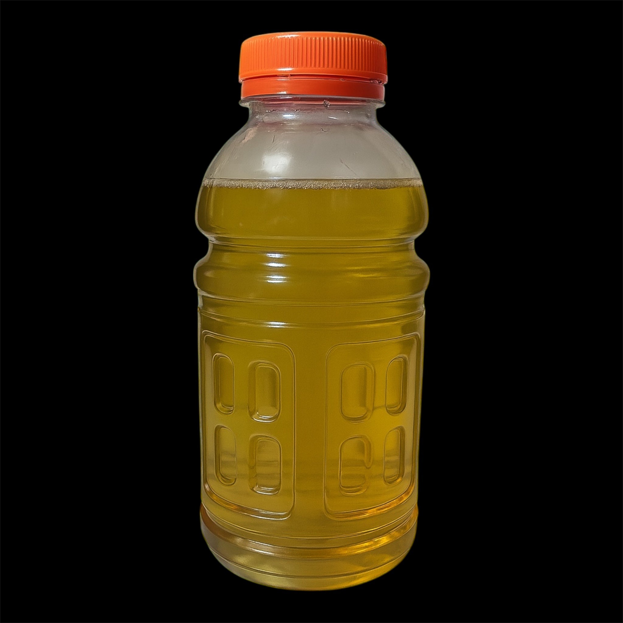 13oz vinegar eel culture in a clear plastic bottle with orange cap, filled with yellow liquid, used as a live food source for feeding small aquarium fish and fry.
